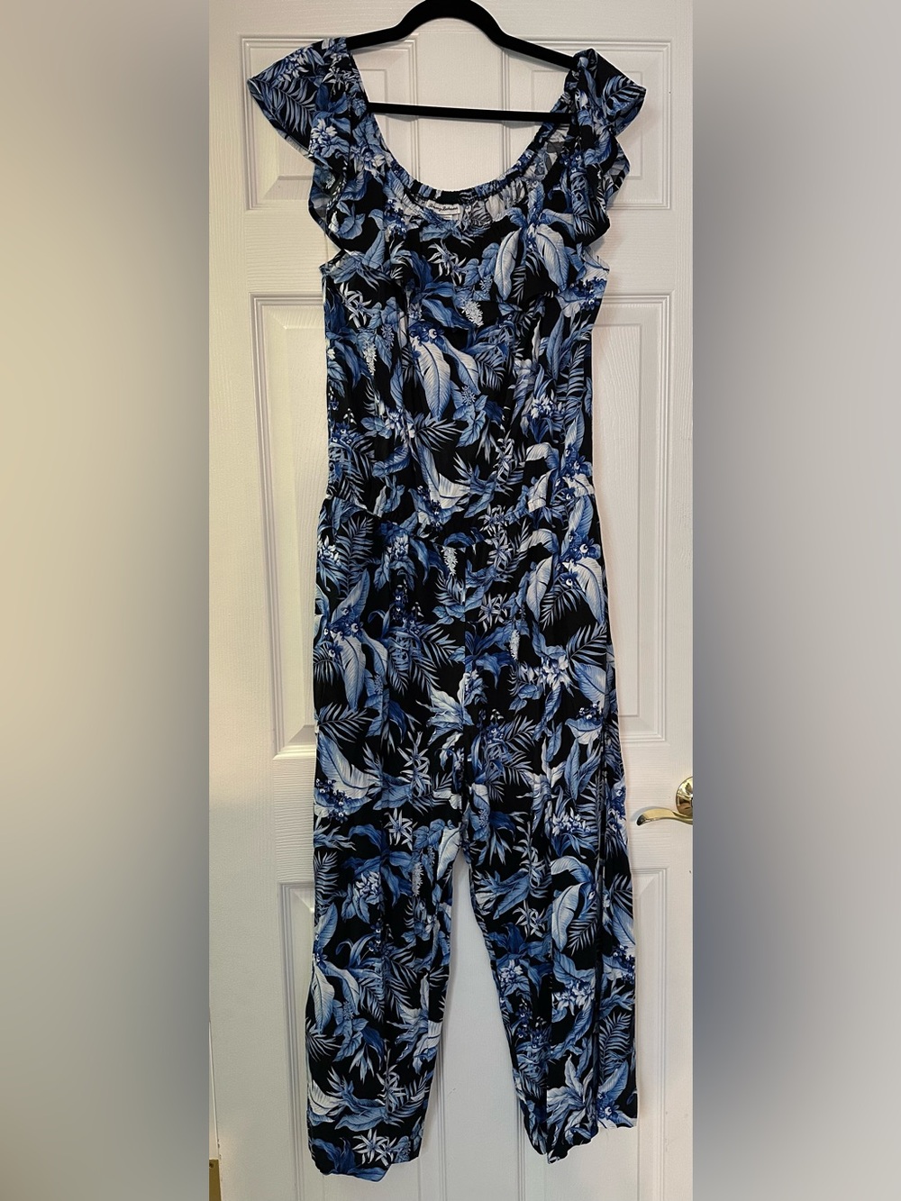 Tommy Bahama Black and Blue Tropical Ruffle-Shoulder Jumpsuit